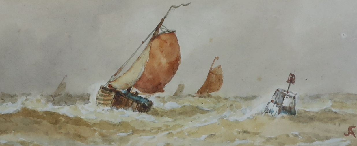 Frederick James Aldridge (1850-1933), three watercolours, Shipping off Venice, Fishing boats at sea and Ship in harbour, 7 x 17cm and 14 x 10cm